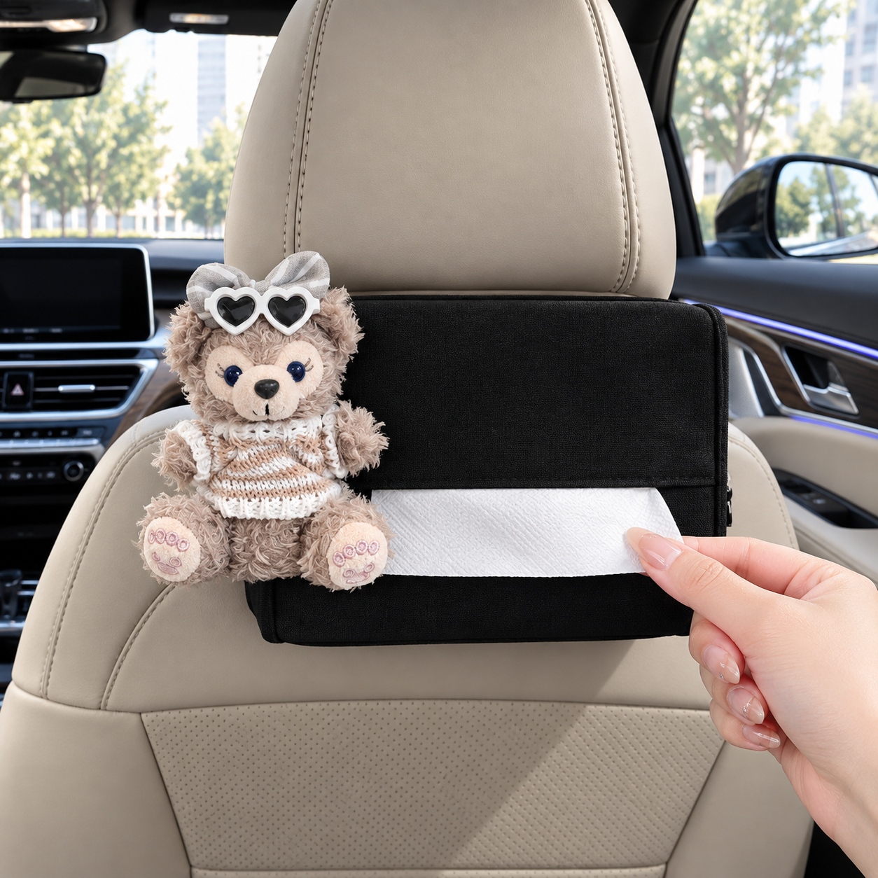 Cute Bear Leather Car Tissue Box Cover – Detailed Outfit with Hat & Mini Bag | Kawaii Car Accessory 🧸👜