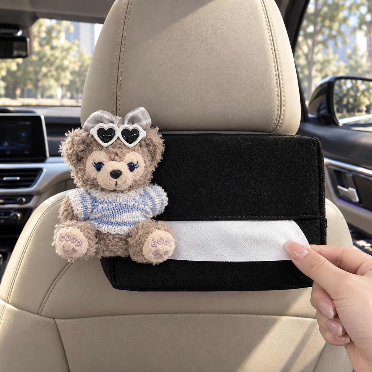 Cute Bear Leather Car Tissue Box Cover – Detailed Outfit with Hat & Mini Bag | Kawaii Car Accessory 🧸👜